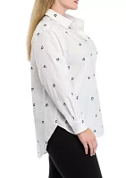 Plus Long Sleeve Tunic Button Up Embroidered Top