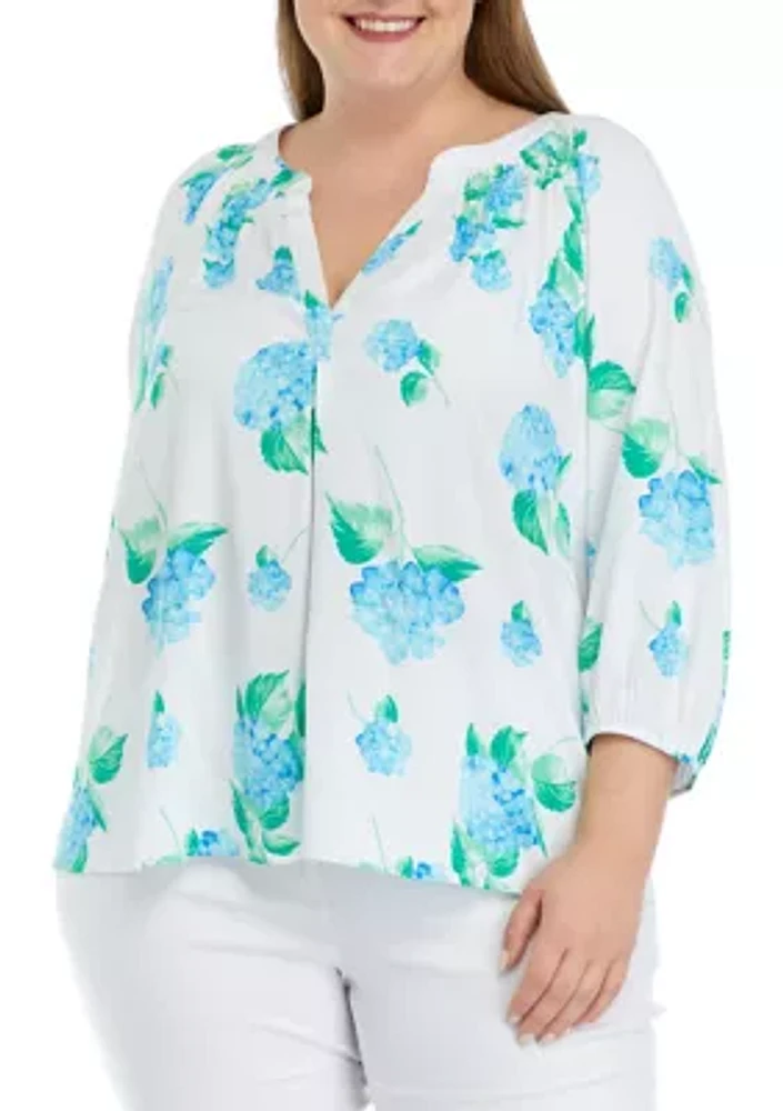 Plus 3/4 Sleeve Printed Peasant Top