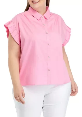 Plus Ruffled Flower Button Down Top