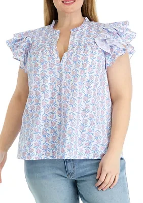 Plus Flutter Sleeve Floral Printed Top