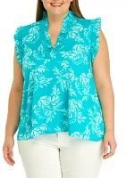 Plus Printed Ruffle Neck Top