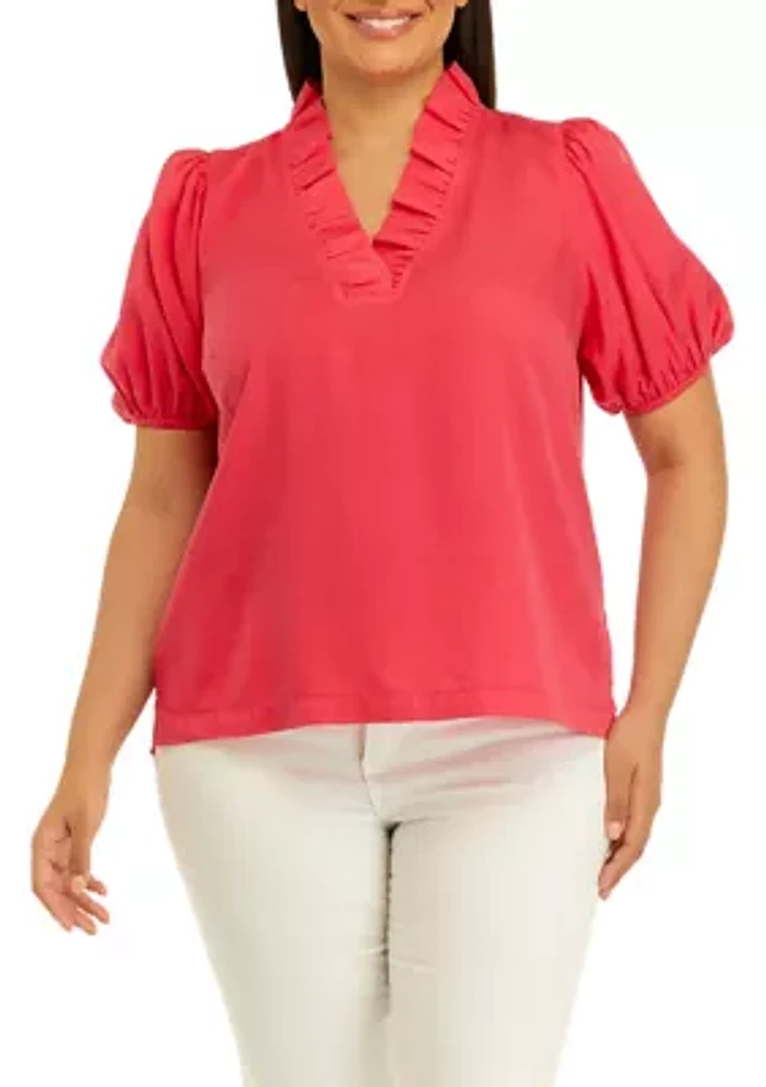 Plus Solid Ruffle Neck Top