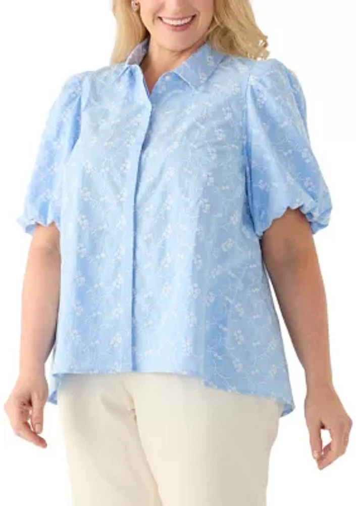 Plus Elbow Puff Sleeve Floral Button Up Shirt