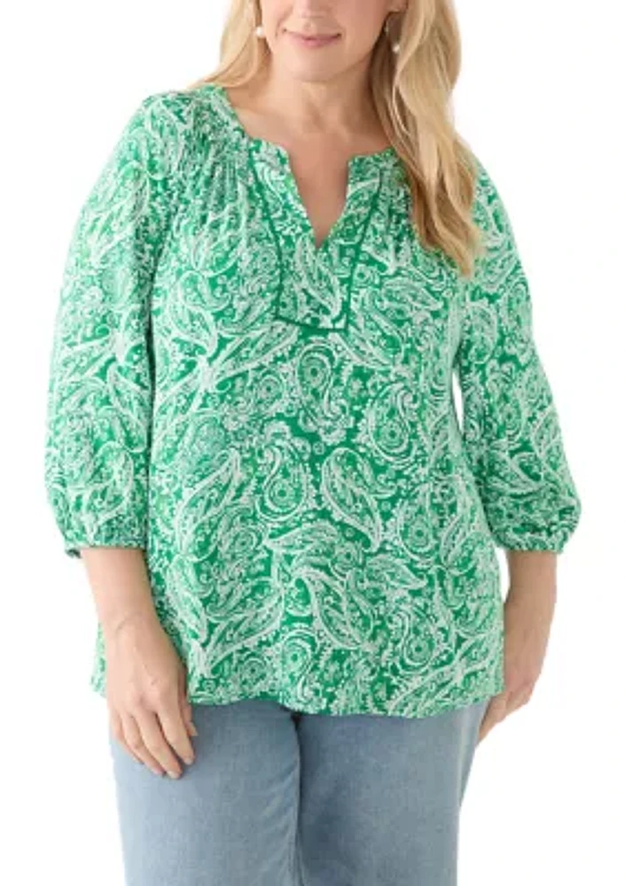 Plus 3/4 Sleeve Printed Peasant Top