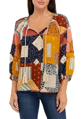 Women's 3/4 Sleeve Smocked Neck Peasant Top