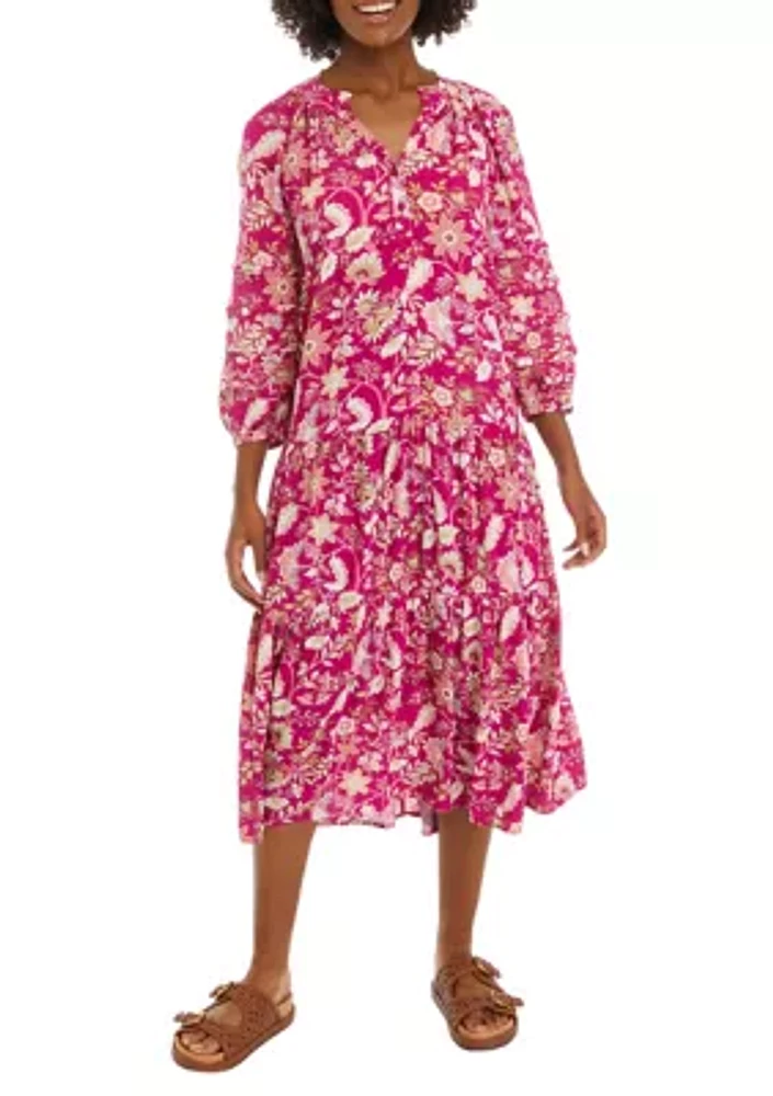 Women's Blouson Sleeve Floral Midi Dress