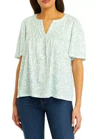 Women's Short Puff Sleeve Printed Pintuck Top