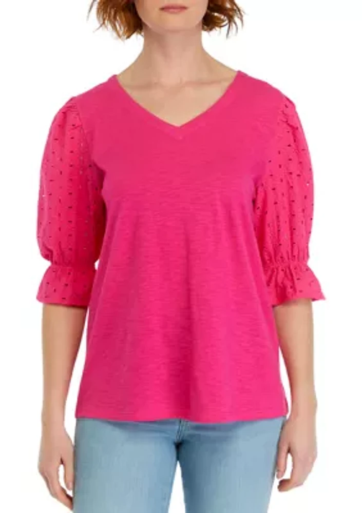 Women's Eyelet Sleeve V-Neck Top