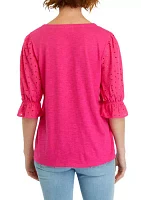 Women's Eyelet Sleeve V-Neck Top