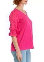 Women's Eyelet Sleeve V-Neck Top