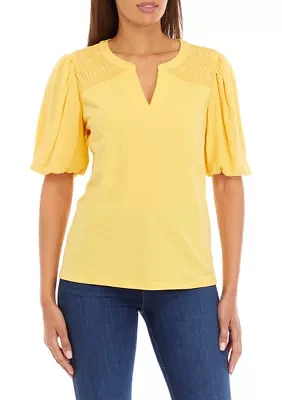 Women's Short Sleeve Split Neck Smocked Top