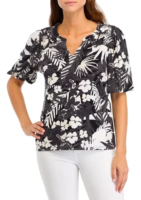 Women's Short Sleeve Split Neck Smocked Printed Top