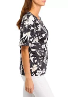 Women's Short Sleeve Split Neck Smocked Printed Top