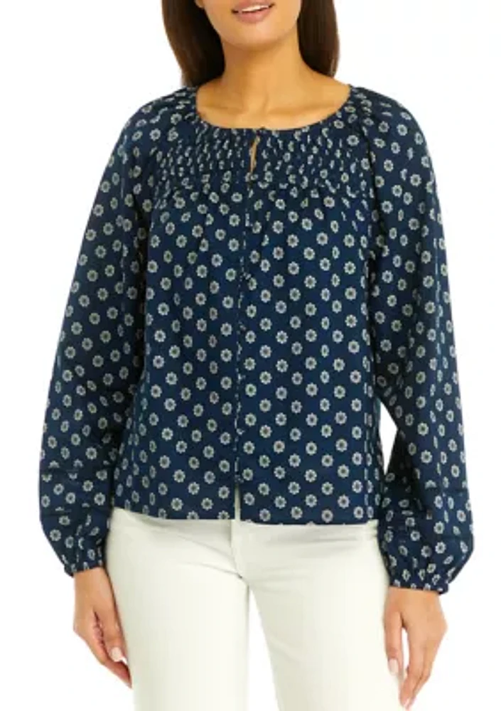 Women's Pintuck Yoke Button Down Printed Top