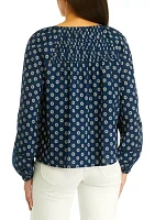 Women's Pintuck Yoke Button Down Printed Top