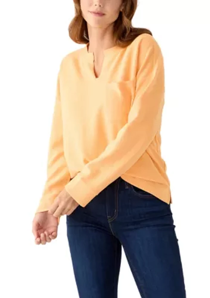 Women's Long Sleeve Ottoman Split Neck T-Shirt