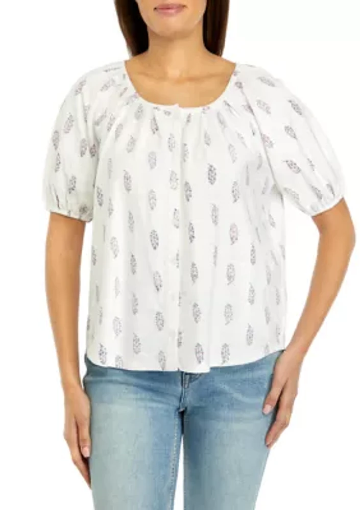 Women's Short Puff Sleeve Button Down Shirt