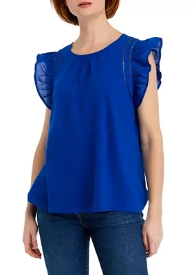 Women's Knit Woven Flutter Sleeve Top