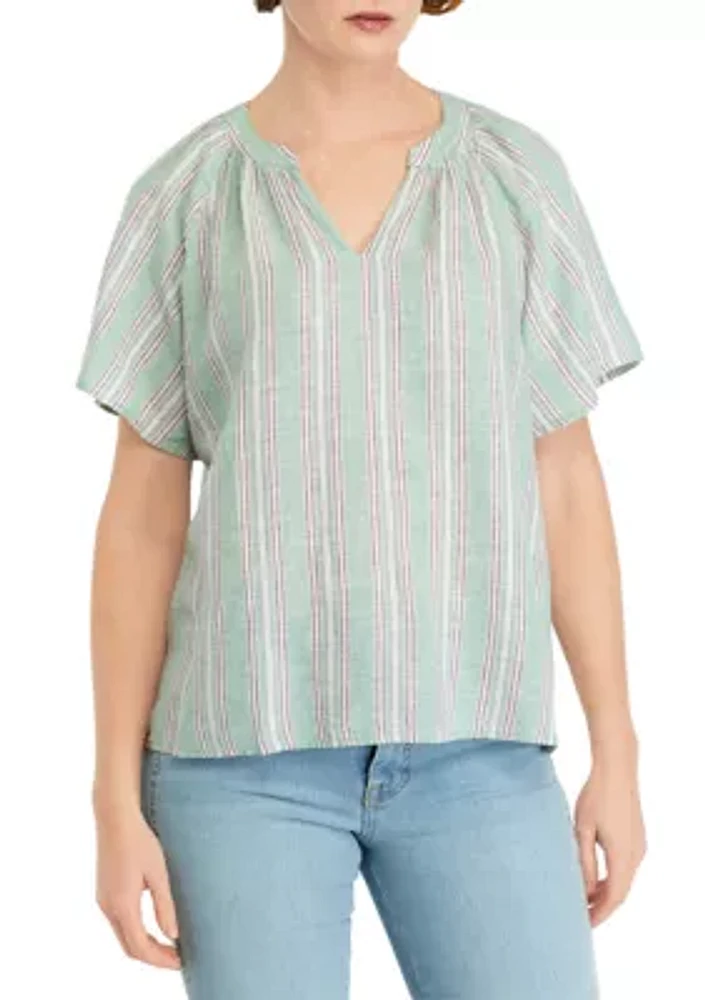 Women's Shirred Stripe Split Neck Top