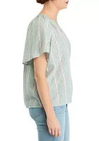 Women's Shirred Stripe Split Neck Top