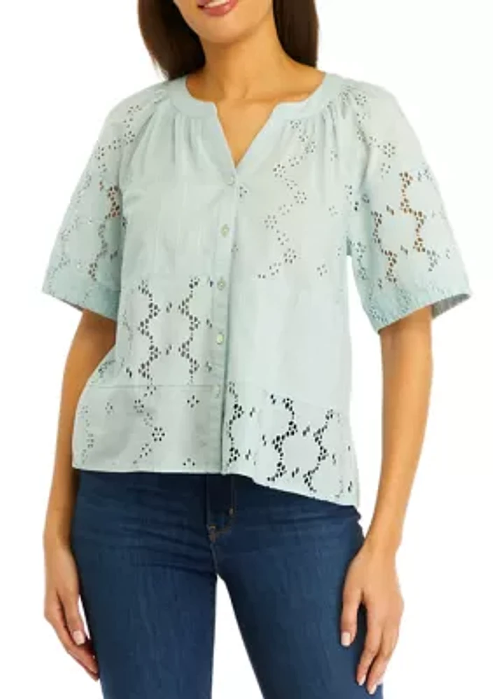 Women's Short Sleeve Patchwork Button Down Top