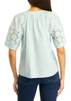 Women's Short Sleeve Patchwork Button Down Top