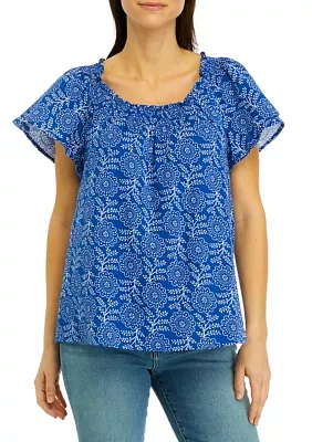 Women's Short Sleeve Shirred Neck Printed Top