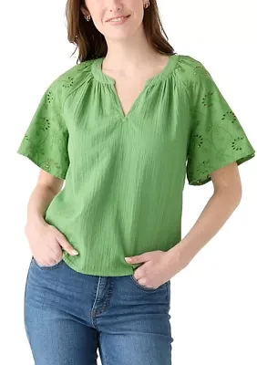 Women's Split Neck Flutter Sleeve Top