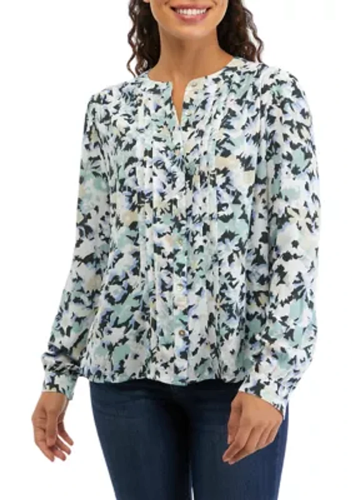 Petite Long Sleeve Pintuck Printed Blouse