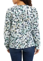 Petite Long Sleeve Pintuck Printed Blouse