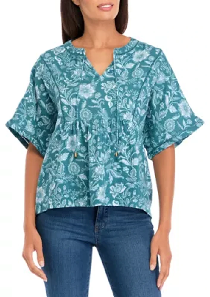 Petite Printed Relaxed Gauze Peasant Top