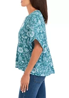 Petite Printed Relaxed Gauze Peasant Top