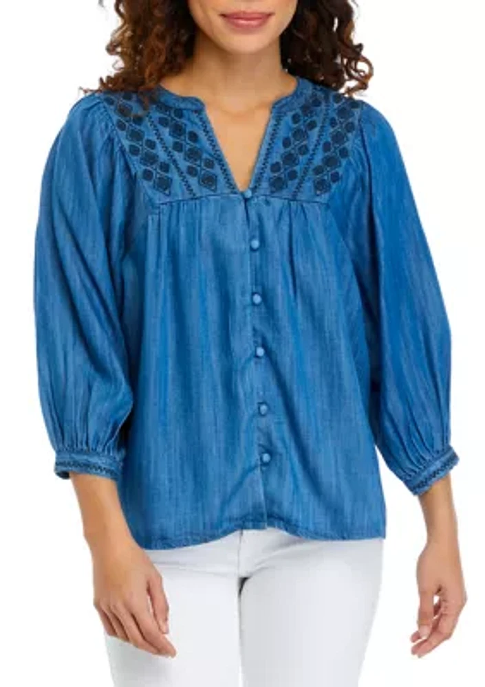 Petite Embroidered Yoke Button Down Top