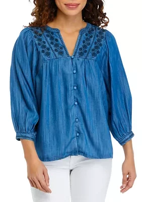 Petite Embroidered Yoke Button Down Top