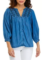 Petite Embroidered Yoke Button Down Top