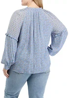 Plus Long Sleeve Split Neck Blouse