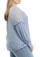 Plus Long Sleeve Split Neck Blouse