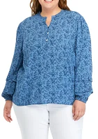 Plus Ruffle Trim Printed Blouse