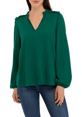 Women's Long Sleeve Smocked Split Neck T-Shirt