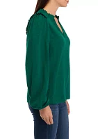 Women's Long Sleeve Smocked Split Neck T-Shirt