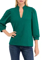 Women's 3/4 Sleeve Jacquard Ruffle Neck Top