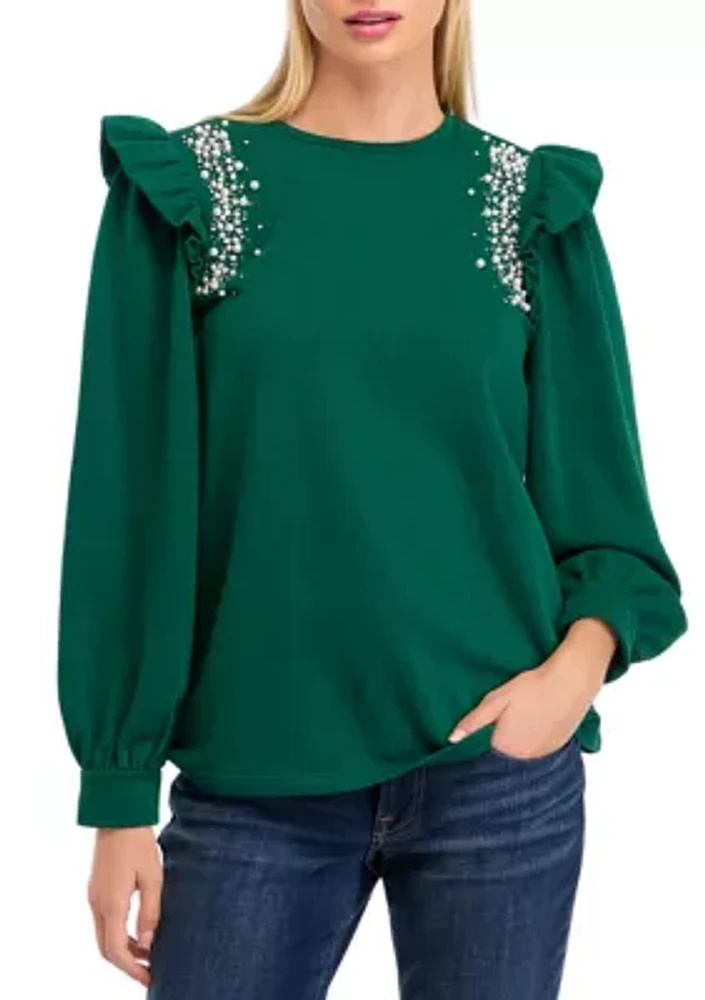 Women's Long Sleeve Ruffled Shoulder Embellished Top