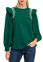 Women's Long Sleeve Ruffled Shoulder Embellished Top