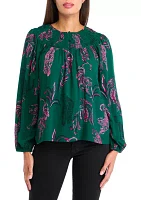 Women's Long Sleeve Smocked Printed Top