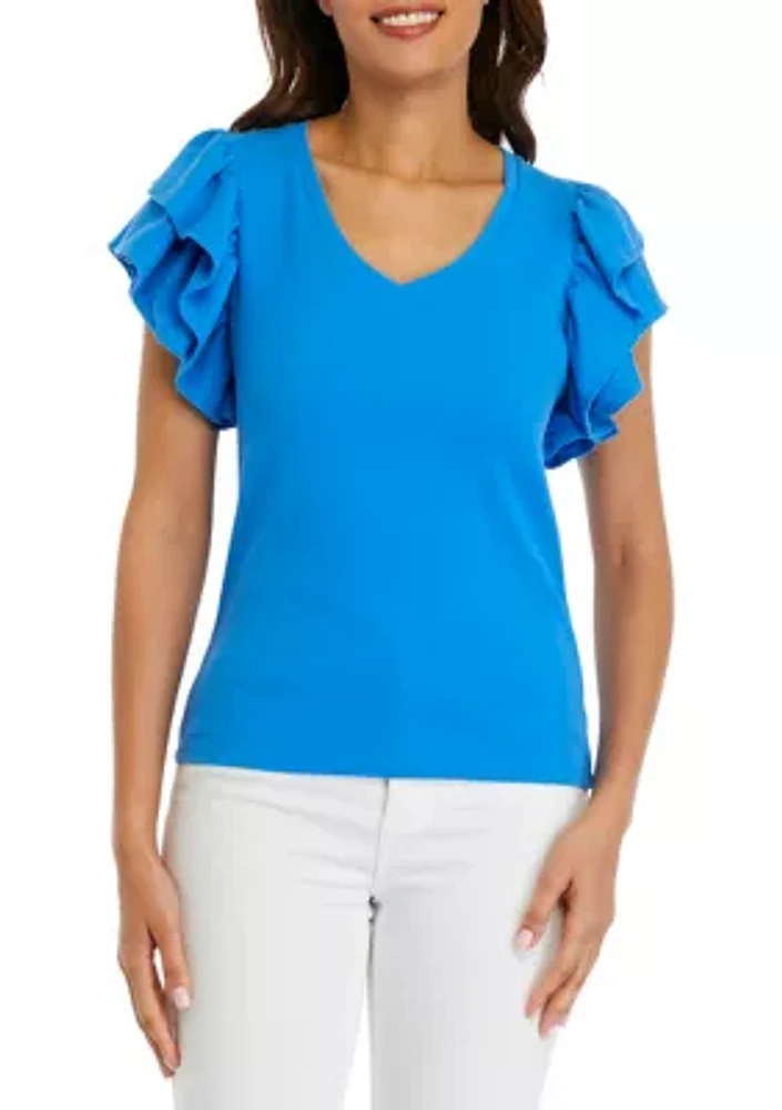 Women's Double Ruffle Sleeve V-Neck T-Shirt