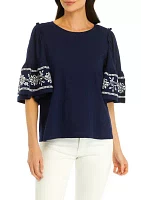 Women's Embroidered Flutter Sleeve Top