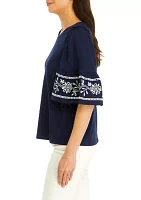 Women's Embroidered Flutter Sleeve Top