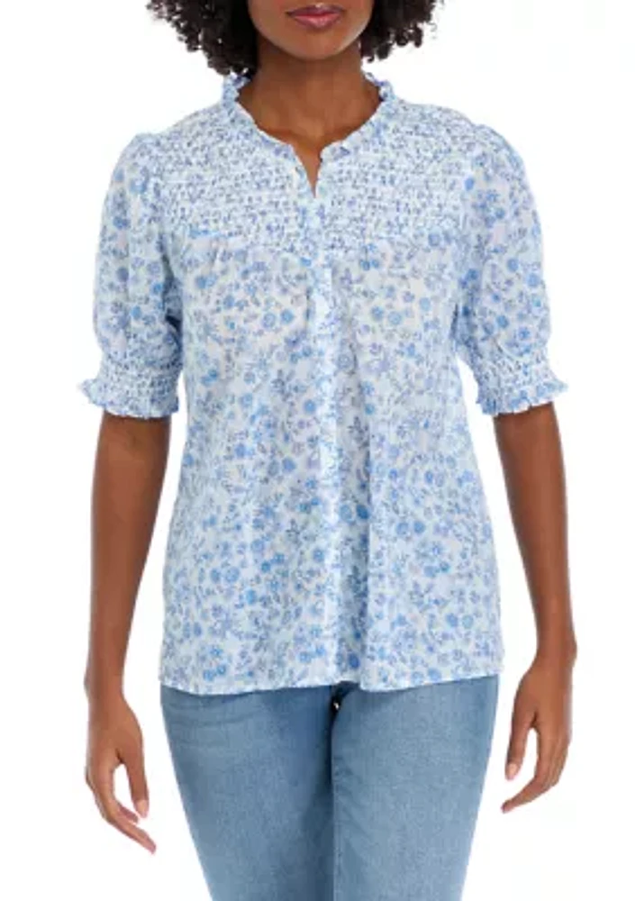 Women's Short Sleeve Smocked Button Up Printed Top