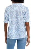 Women's Short Sleeve Smocked Button Up Printed Top