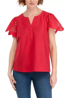 Women's Solid Embroidered Sleeve Top